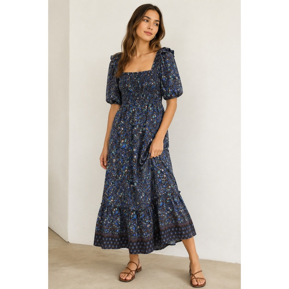 Vineyard Vines Cotton Silk Floral Smocked Maxi Dress Blue Puff Sleeve Pockets M